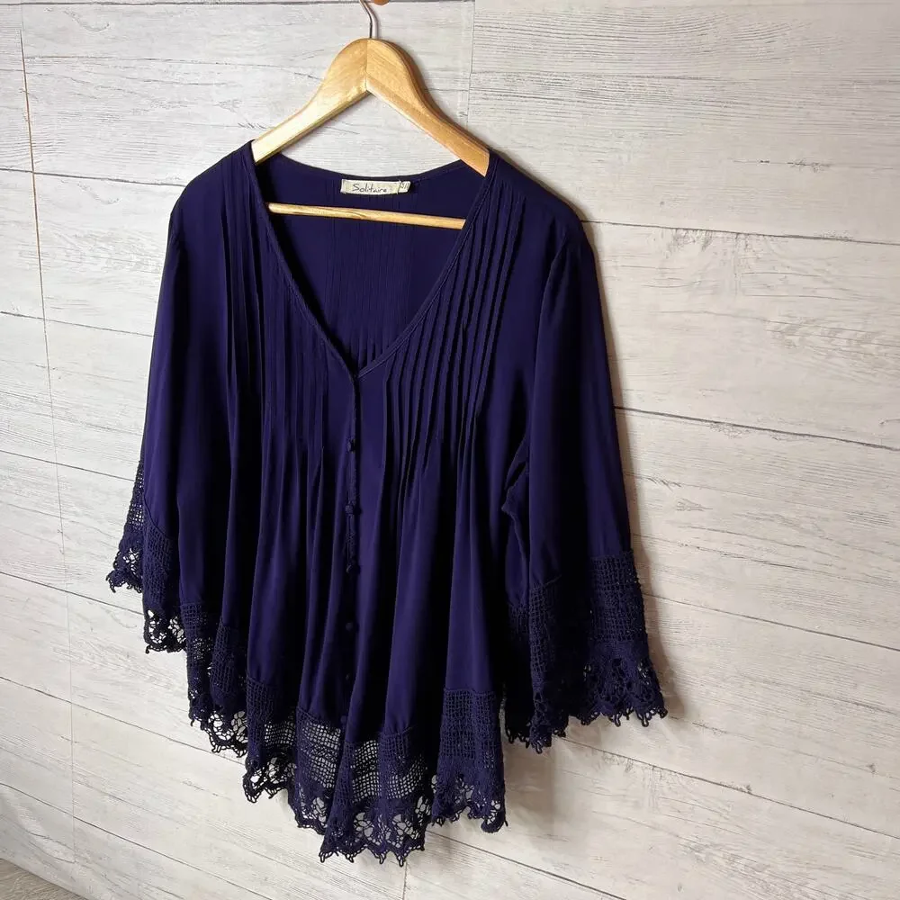 Solitaire Blouse Womens Size 2X Navy Blue Pintuck Button Down Embroidery Boho - Picture 5 of 15